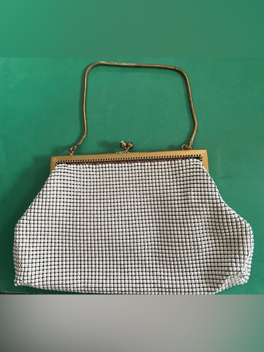 Vintage 1940s–50s White Mesh Evening Bag | Gold‑Tone Frame | Rhinestone Clasp